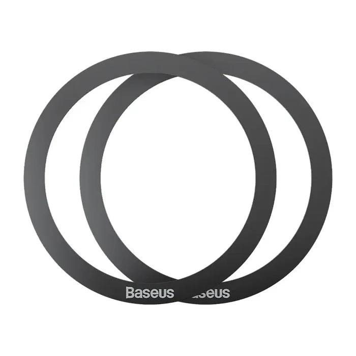 a pair of black circular rings with the word’baus’in white