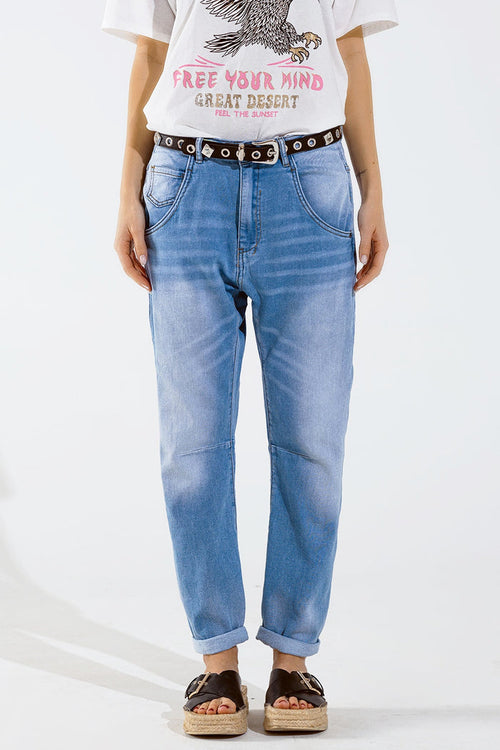 Basic Boyfriend Jeans With Stitch Detail - Denim