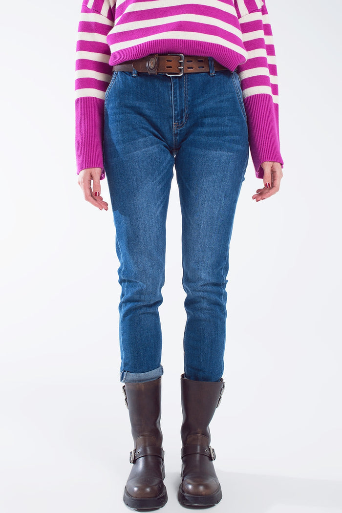 Basic Straigh Jeans With Side Pockets in Mid Wash - Denim
