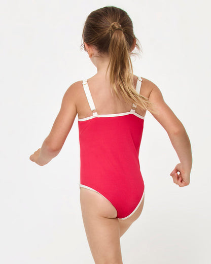 LSPACE Beach Skipper one piece in Pout-Cream, back view on model.