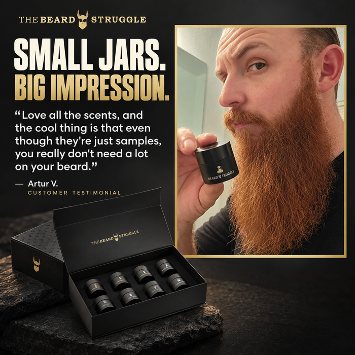 Balm Sampler Kit open box with eight sample jars and a customer photo of Artur V. holding a jar to his beard, headline Small Jars Big Impression