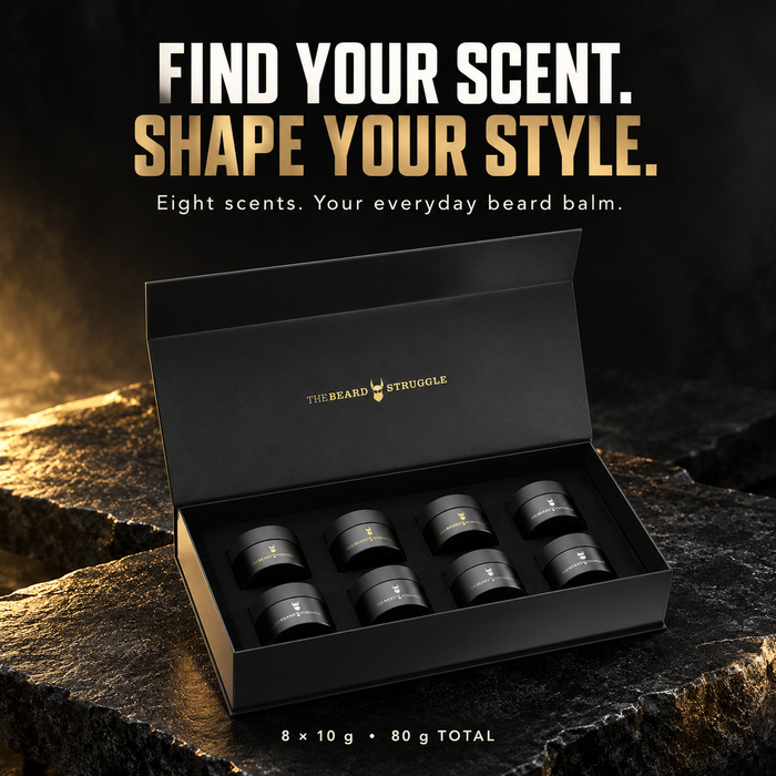 Balm Sampler Kit open box with eight 10 g beard balm sample jars, 80 g total, headline Find Your Scent Shape Your Style
