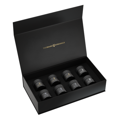 Open black sample kit box render showing eight beard balm sample jars. The Beard Struggle
