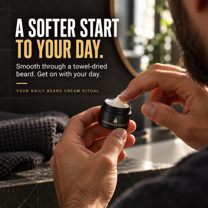 Man scooping beard cream from a small Asgardian Secret sample jar at a bathroom sink, headline A Softer Start to Your Day