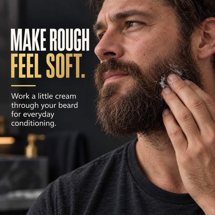 Bearded man working beard cream into his beard with his fingertips, headline Make Rough Feel Soft
