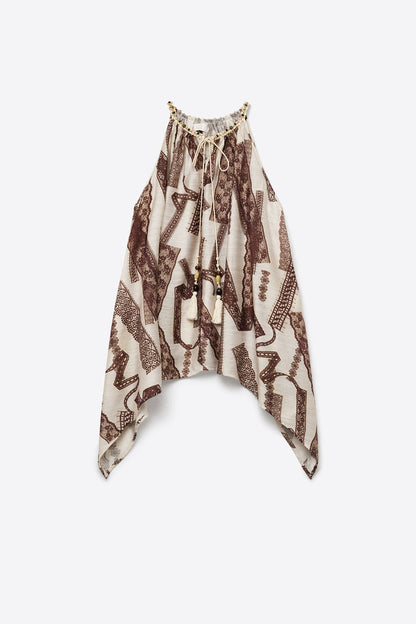 Beige and Brown Printed Relaxed Fit Halter Top