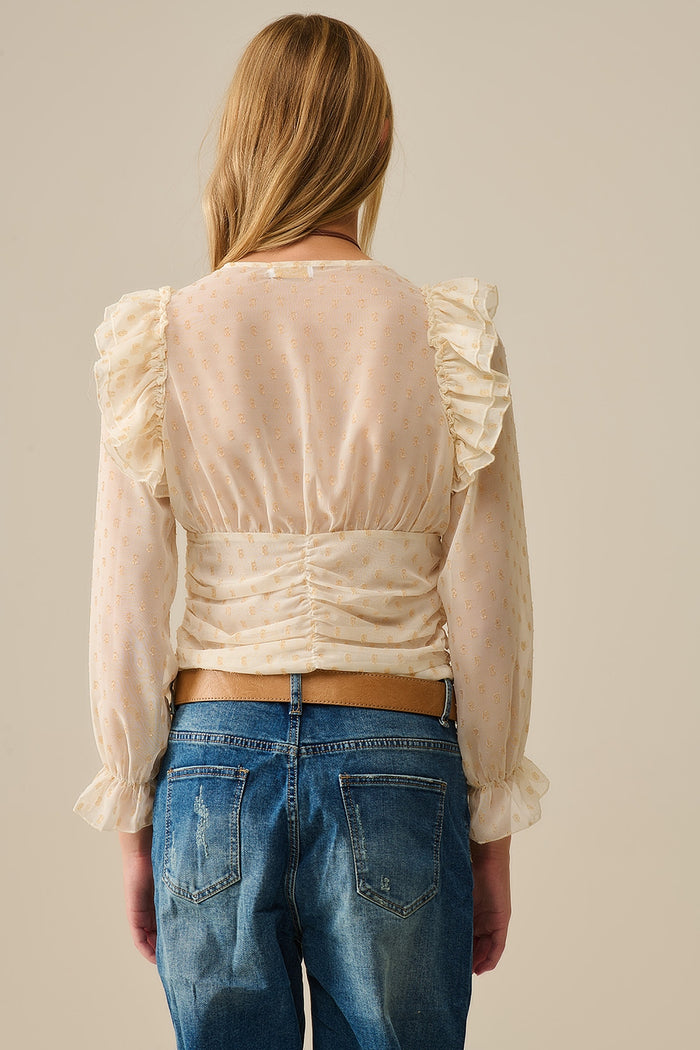 Beige Blouse with golden dots and frill details - Shirts