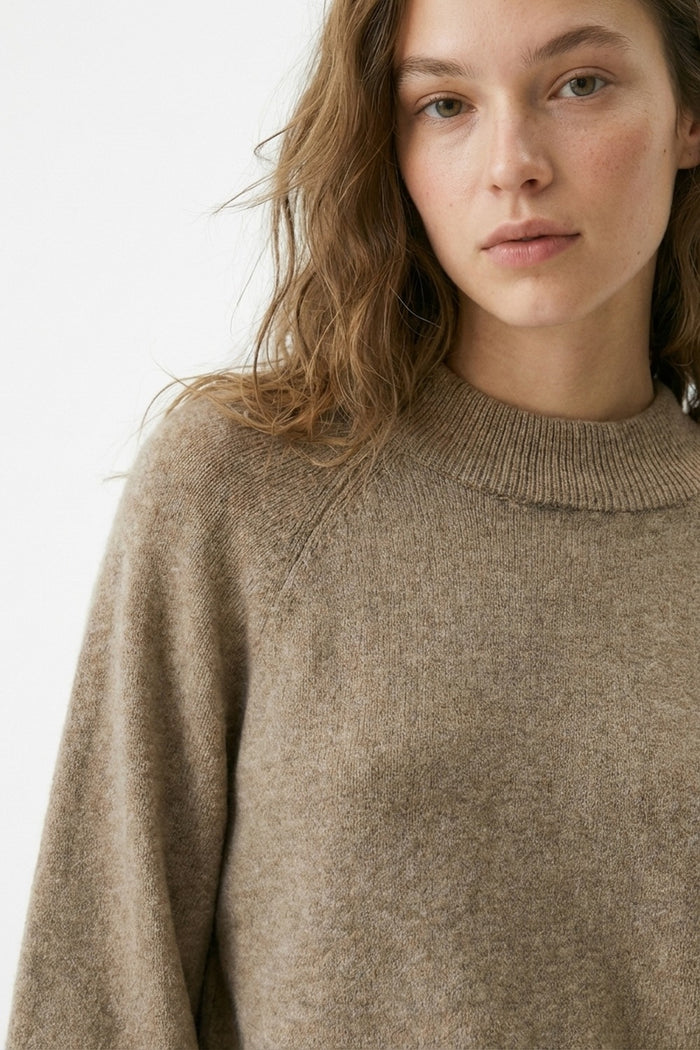 Beige Chunky Knit Sweater with Balloon Sleeves