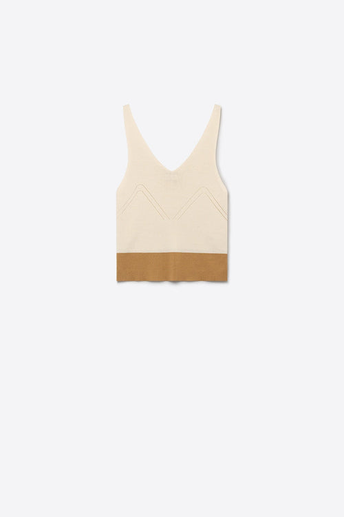 Beige Colorblock Ribbed Knit V-Neck Cropped Tank Top
