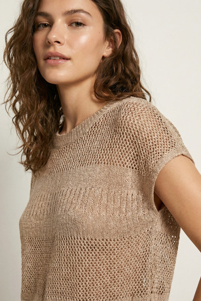 Beige crochet Knit Cap Sleeve Sweater