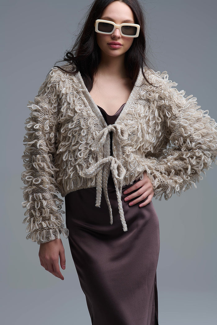 Beige Cropped chunky Knit cardigan with V-Neck and Front Tie closure