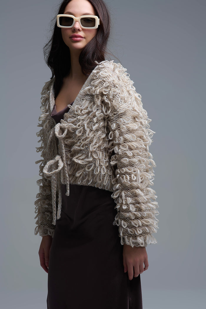 Beige Cropped chunky Knit cardigan with V-Neck and Front Tie closure