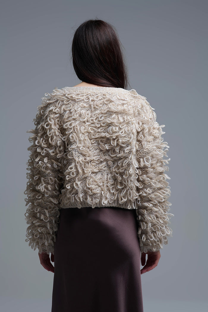 Beige Cropped chunky Knit cardigan with V-Neck and Front Tie closure