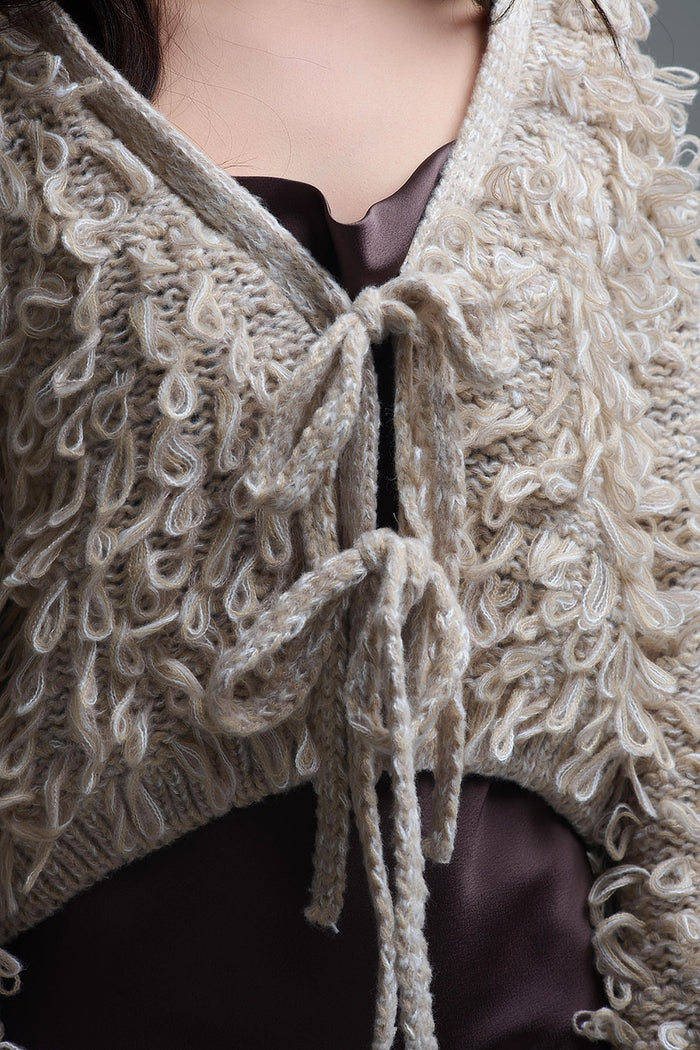 Beige Cropped chunky Knit cardigan with V-Neck and Front Tie closure