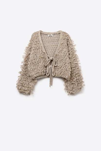 Beige Cropped chunky Knit cardigan with V-Neck and Front Tie closure