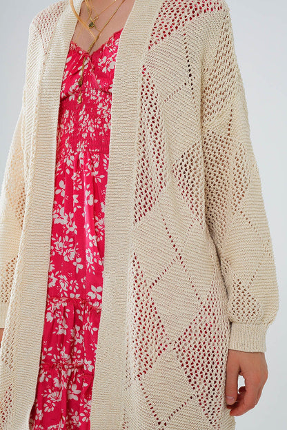 Beige Draped Cardigan With Crochet Design