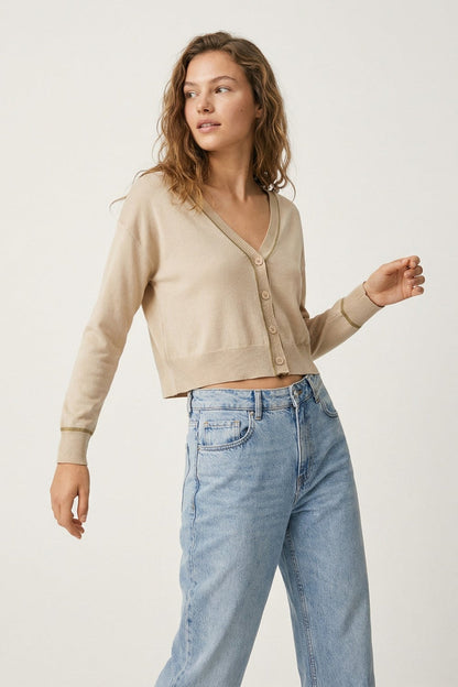 Beige Fine Knit Cardigan with Contrast Trim in brown