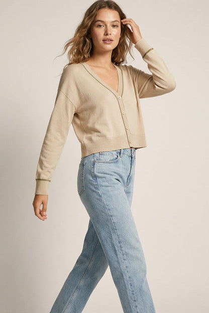 Beige Fine Knit Cardigan with Contrast Trim in brown