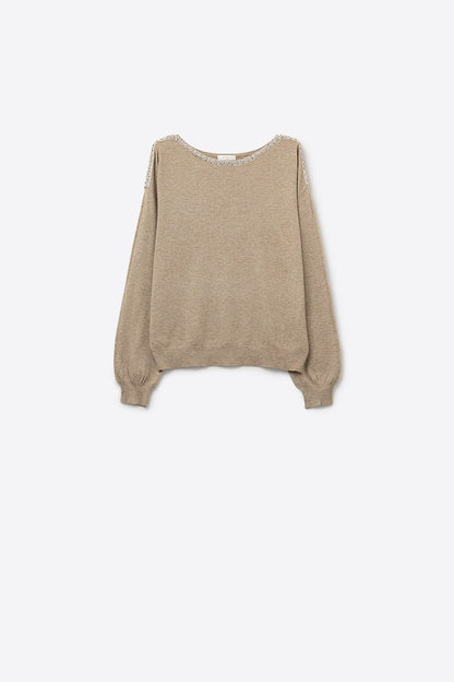 beige fine knit sweater with a boat neck and rhinestone detail