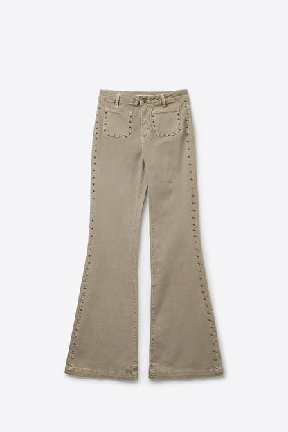 Beige Flared Pants with Studded Side Detail - trousers
