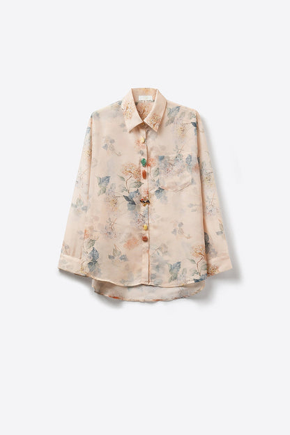 Beige Floral Print Button-Up Sheer Blouse - Shirts
