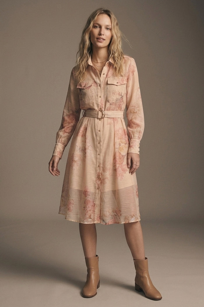 Beige Floral Print Chiffon Belted Midi Shirt Dress with Gold Buttons - dress