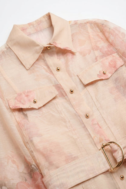 Beige Floral Print Chiffon Belted Midi Shirt Dress with Gold Buttons - dress