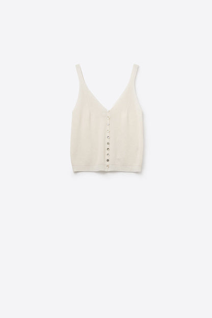 beige Knit Buttoned Crop Top