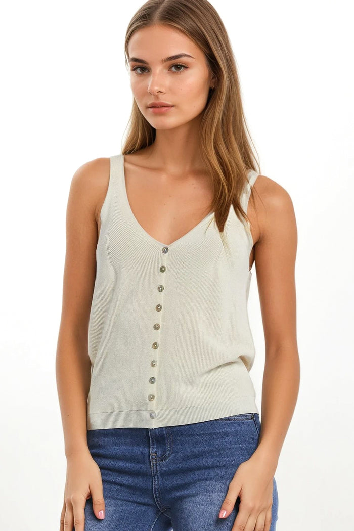 beige Knit Buttoned Crop Top