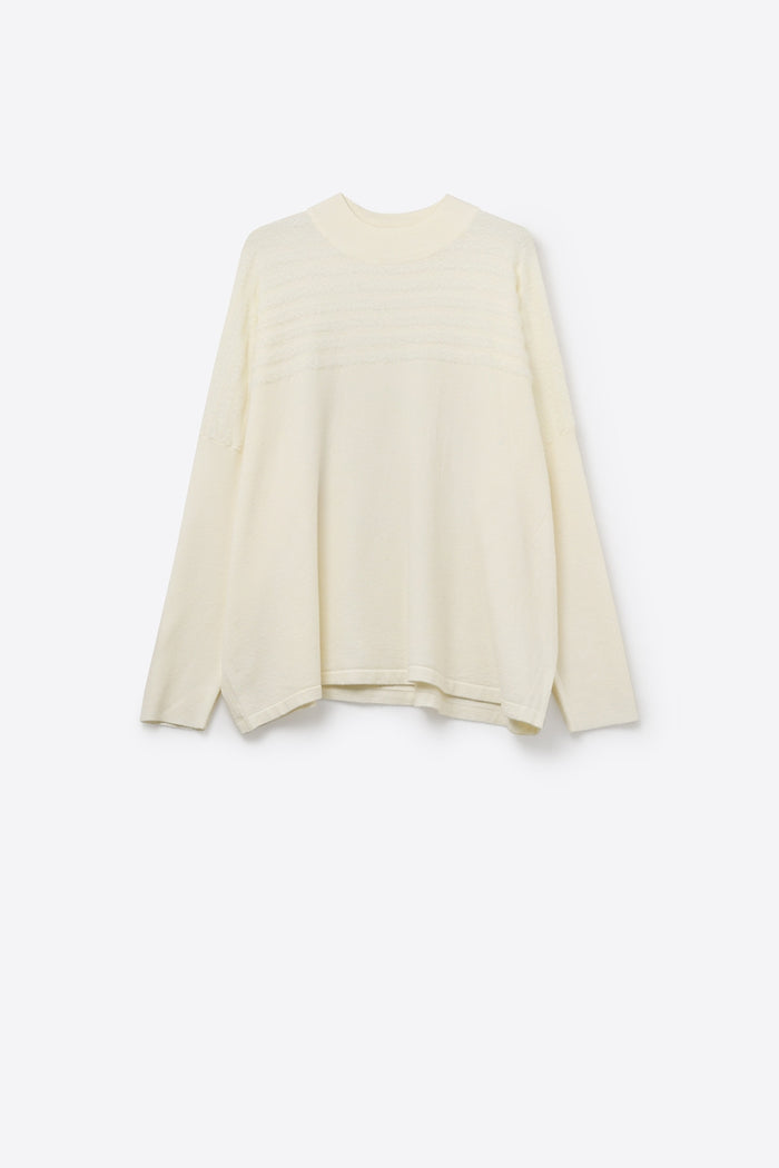 Beige Knit Sweater with Fluffy Stripe Detail