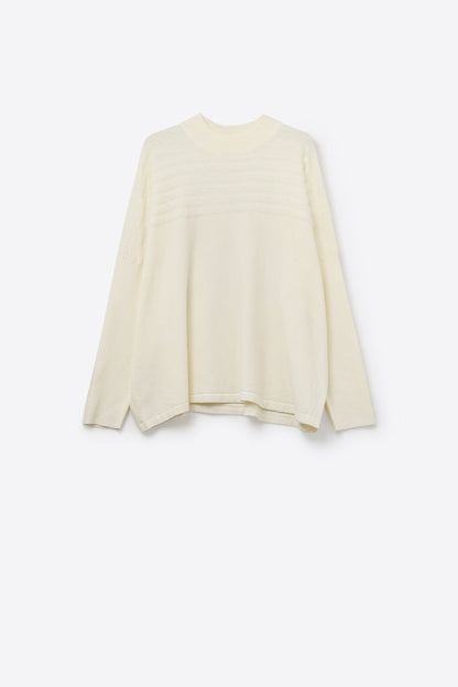 Beige Knit Sweater with Fluffy Stripe Detail
