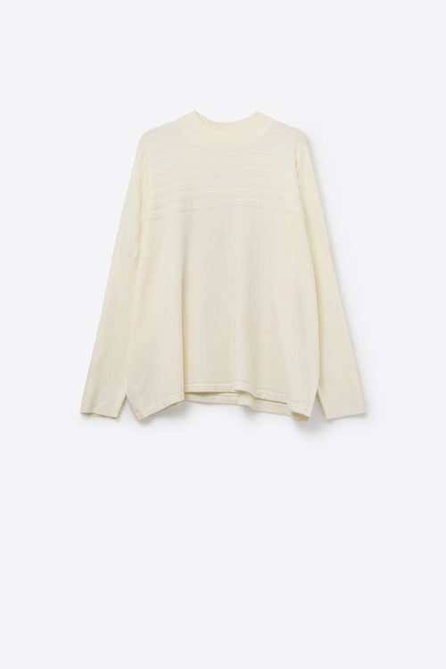 Beige Knit Sweater with Fluffy Stripe Detail