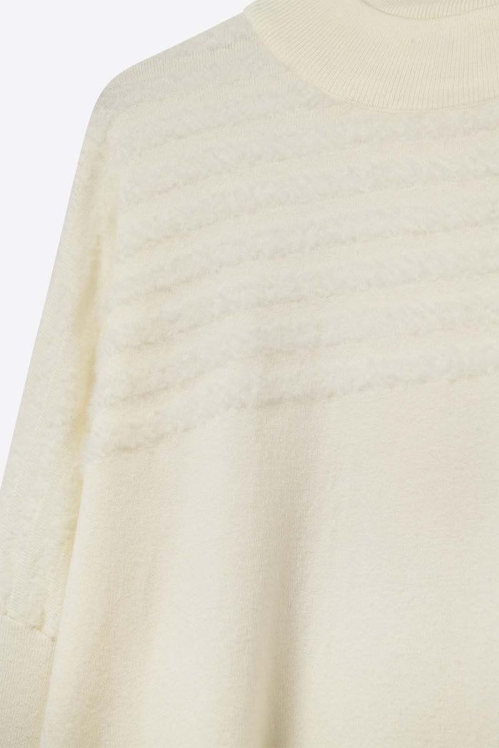 Beige Knit Sweater with Fluffy Stripe Detail