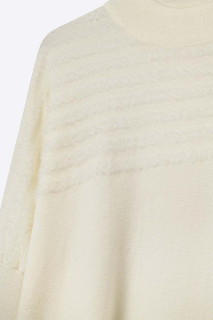 Beige Knit Sweater with Fluffy Stripe Detail