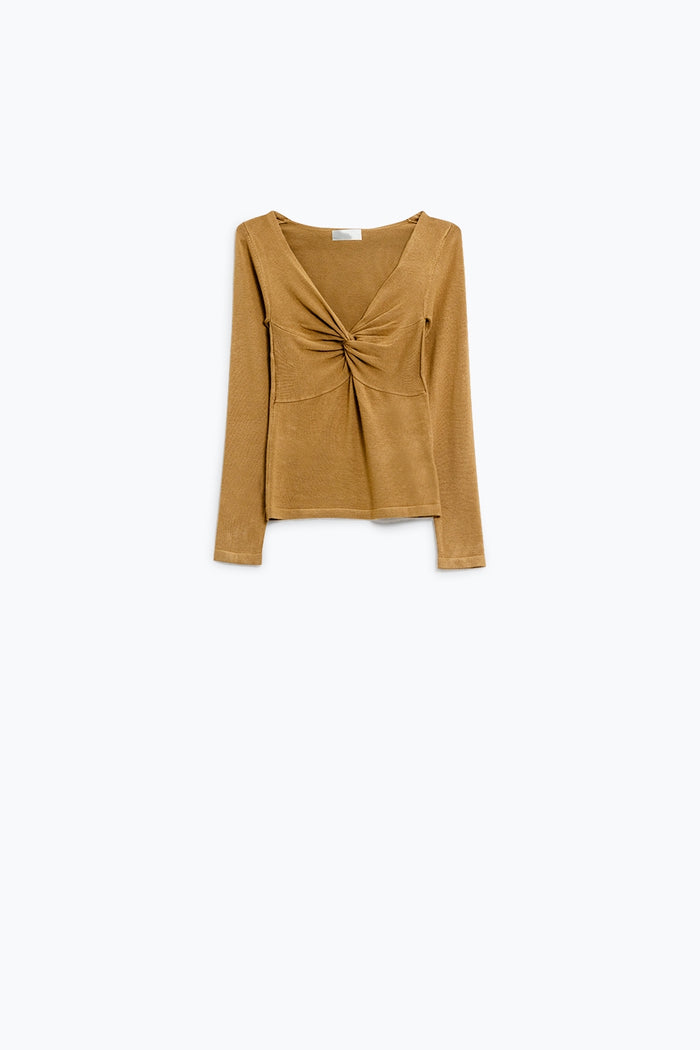 Beige Long Sleeve Shirt With Knot Detail and V-neck