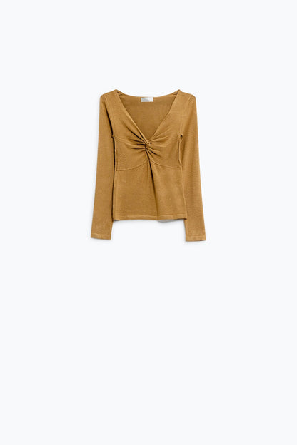 Beige Long Sleeve Shirt With Knot Detail and V-neck