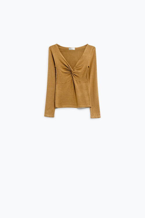 Beige Long Sleeve Shirt With Knot Detail and V-neck