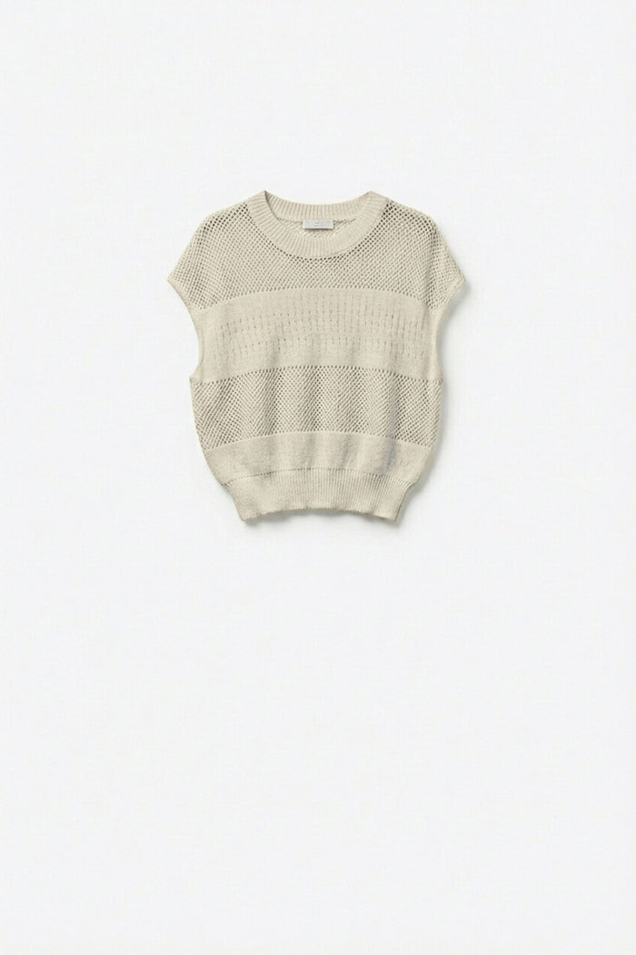 Beige Open Knit Sleeveless Sweater in crochet