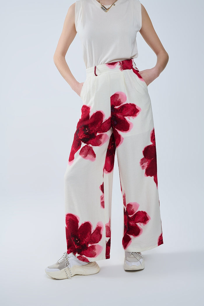Beige Palazzo Pants With Red Tropial Flower Print and Matching Belt - trousers