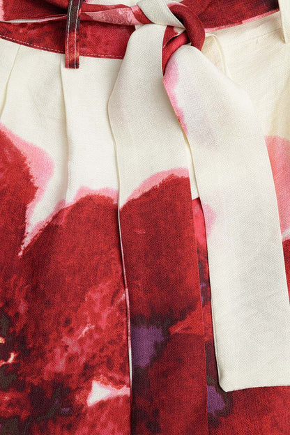 Beige Palazzo Pants With Red Tropial Flower Print and Matching Belt - trousers