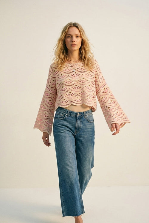 Beige Pink Crochet Geo Pattern Scallop Hem Wide Sleeve Top