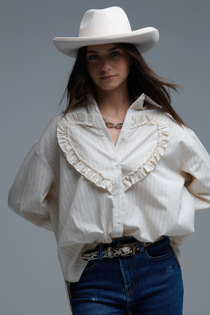 Beige Relaxed Striped Shirt With Heart Seam Detail - Shirts