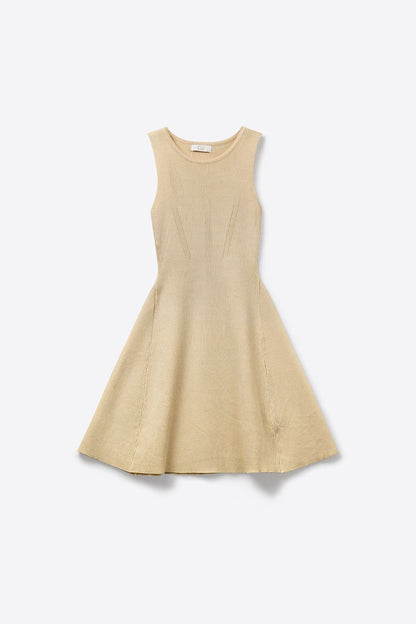 Beige Ribbed Knit Sleeveless Fit and Flare Dress - dress