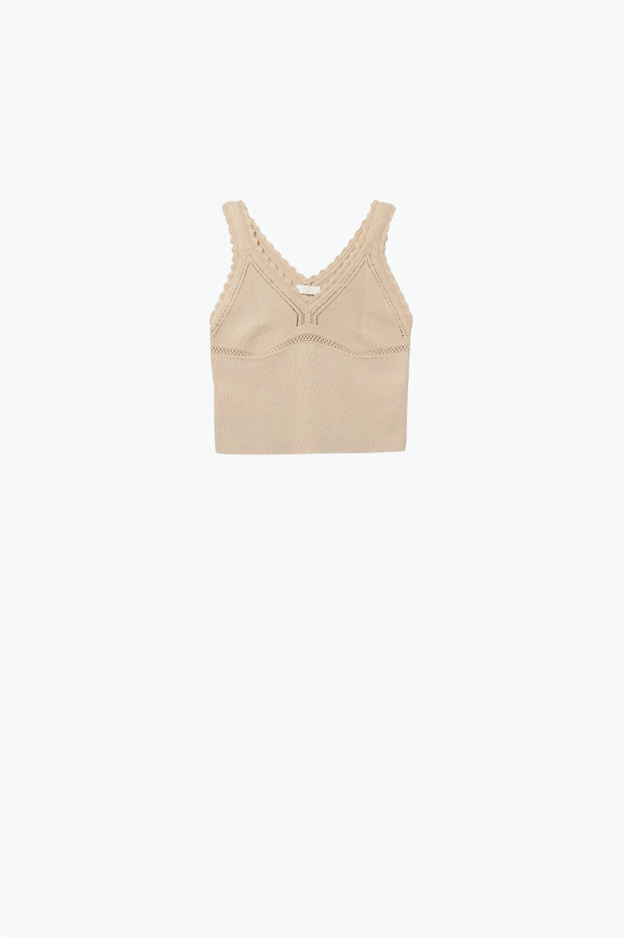 Beige Ribbed Knit Top with Scalloped V-Neck