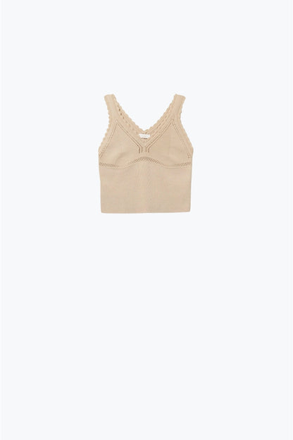 Beige Ribbed Knit Top with Scalloped V-Neck