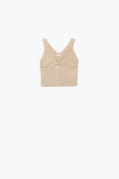 Beige Ribbed Knit Top with Scalloped V-Neck