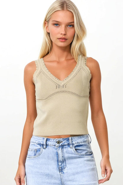 Beige Ribbed Knit Top with Scalloped V-Neck