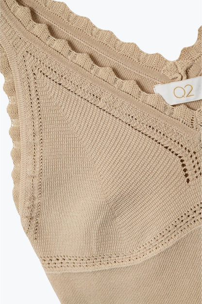 Beige Ribbed Knit Top with Scalloped V-Neck