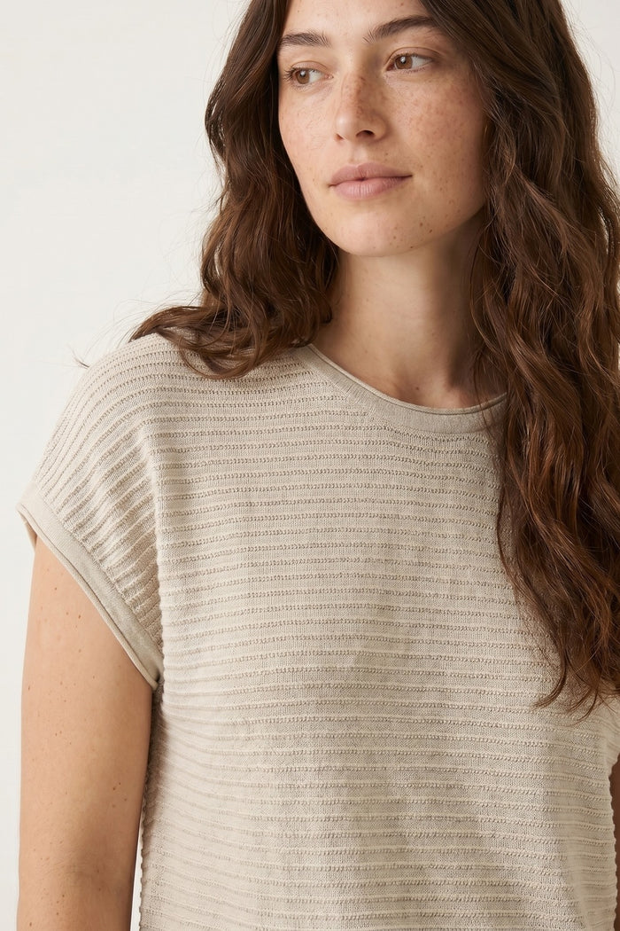 Beige Ribbed open Knit Relaxed Fit Short Sleeve sweater