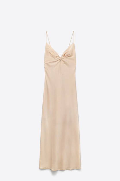 Beige Satin Slip maxi Dress with Delicate Spaghetti Straps - dress